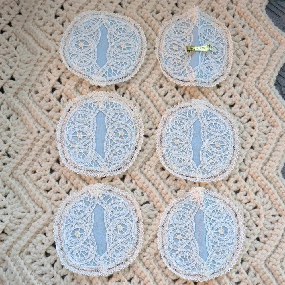 Vintage Handmade Brugge Lace Doilies Set of 6 Belgium Granny Chic Cottage Core